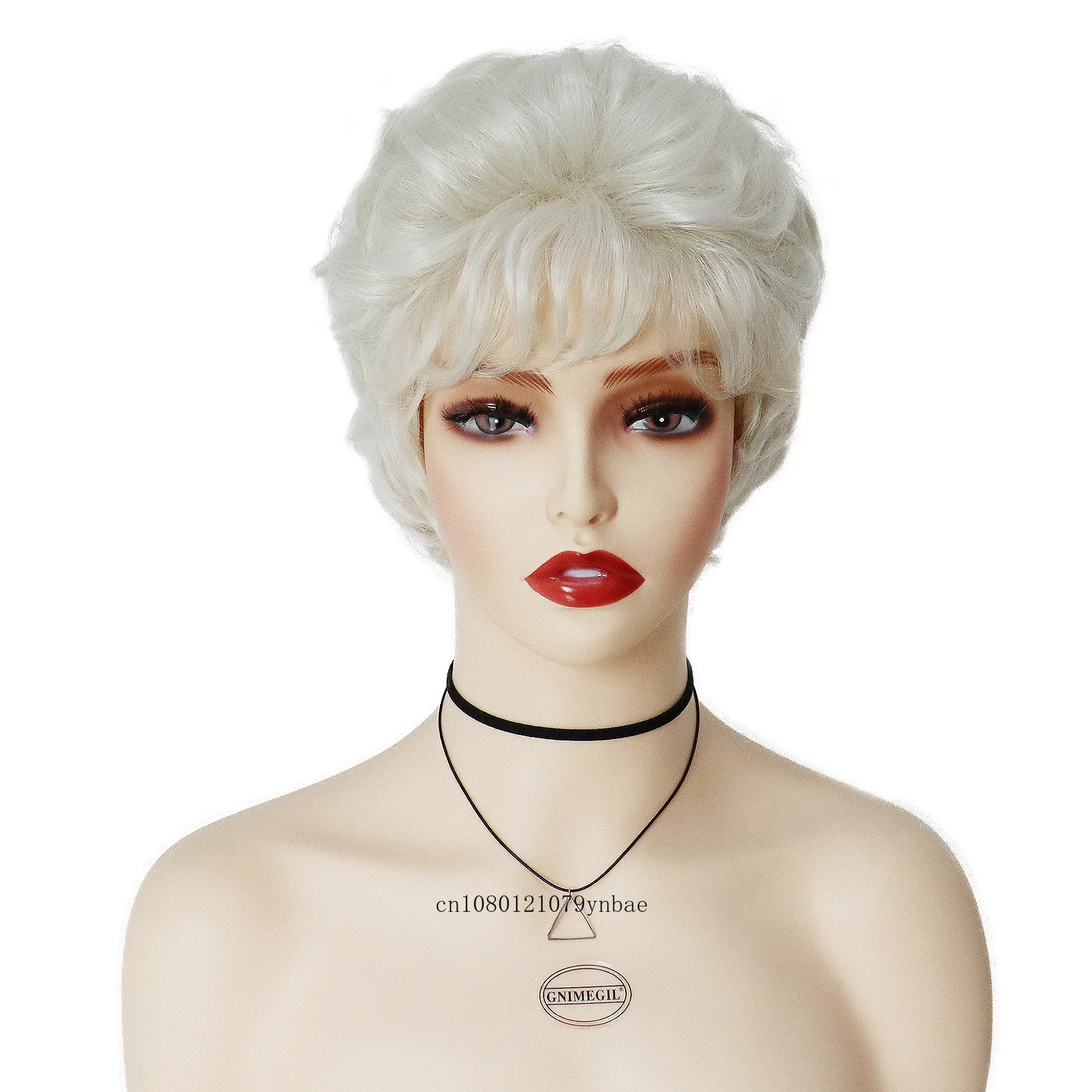 Old Lady Wigs for Women Synthetic White Grandma Cosplay Wig with Bangs Short Curly Pixie Cut Wig Daily Costume Heat Resistant