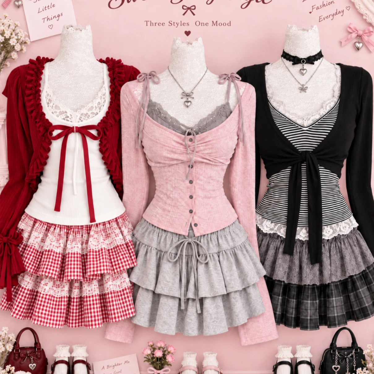 Japanese Sweet Kawaii Lolita 3 Piece Set Casual Cardigan + Slim Lace Bow Vest + High Waist Striped Skirt Autumn Women Outfits