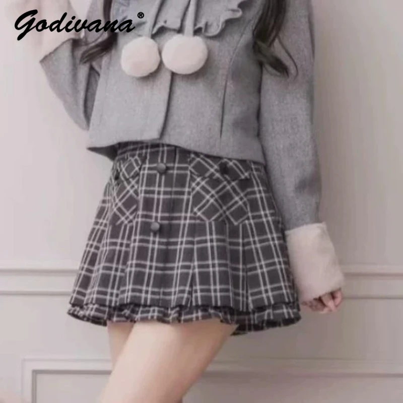 

Новая женская короткая юбка в клетку в японском стиле с кожаным поясом, элегантная повседневная юбка А-силуэта