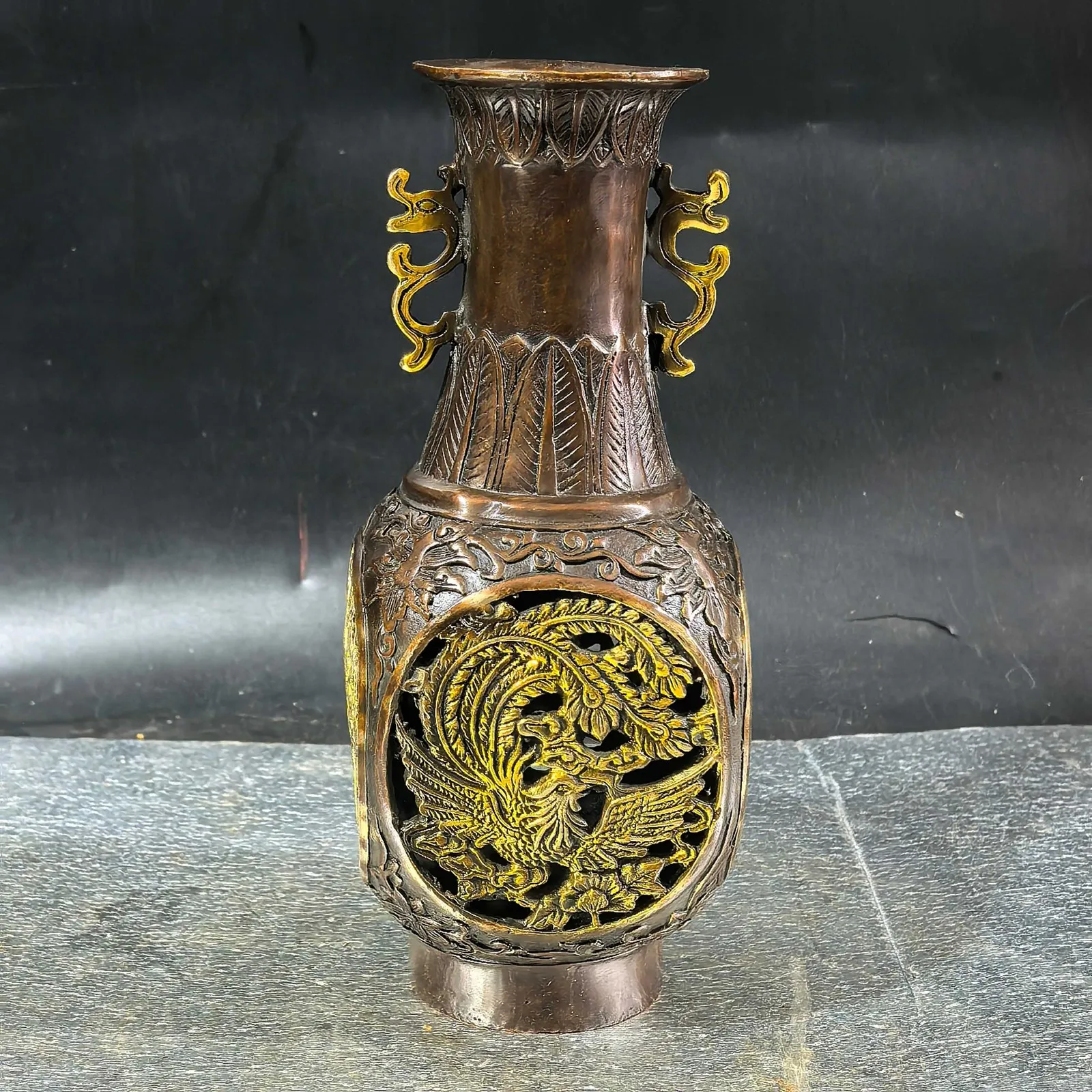 Openwork Carved Dragon Phoenix Vase Pure Bronze Antique Collectible