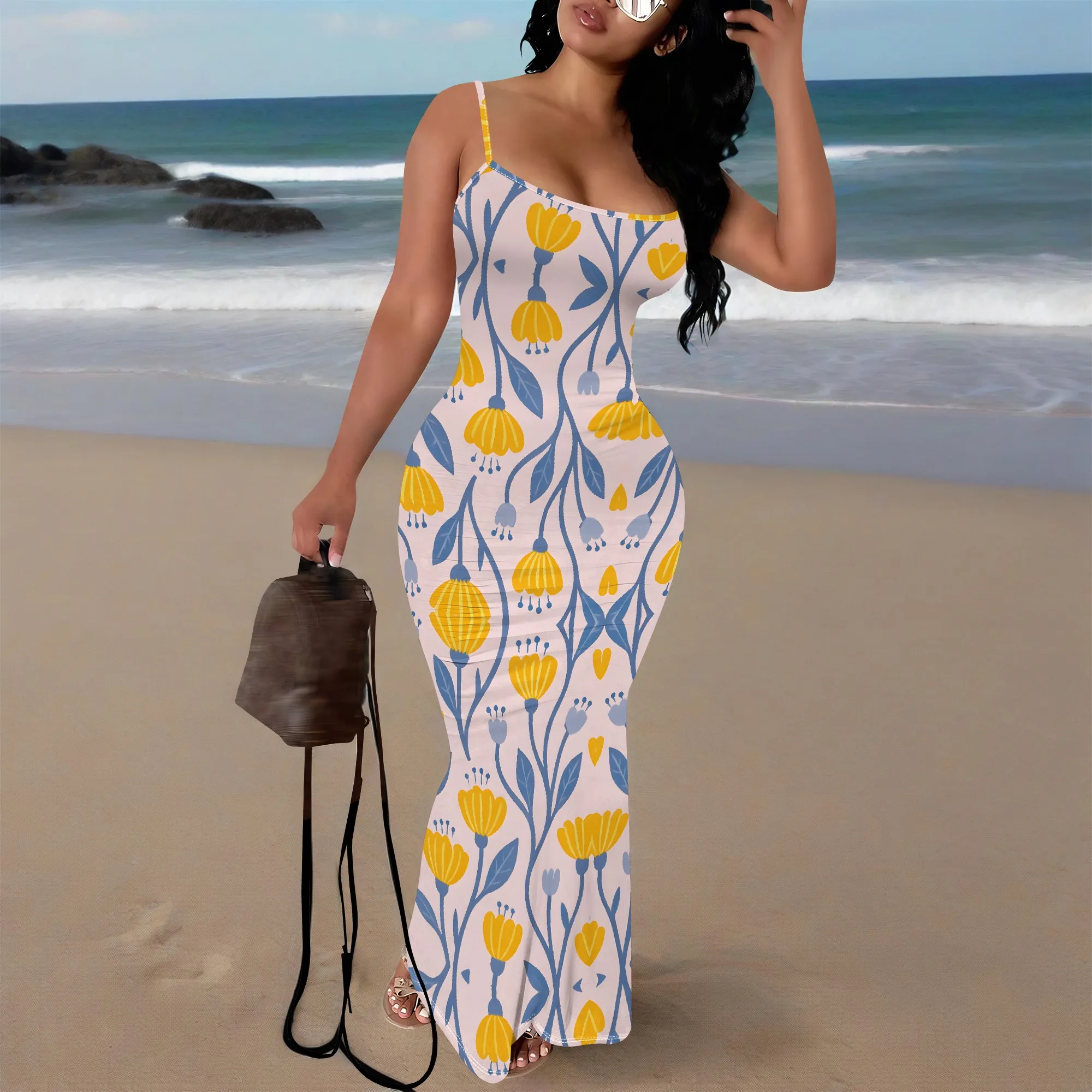

Women's Garden Floral Maxi Dress Boho Spaghetti Strap V-Neck Bodycon Dress for Beach Vacation Summer Wear
