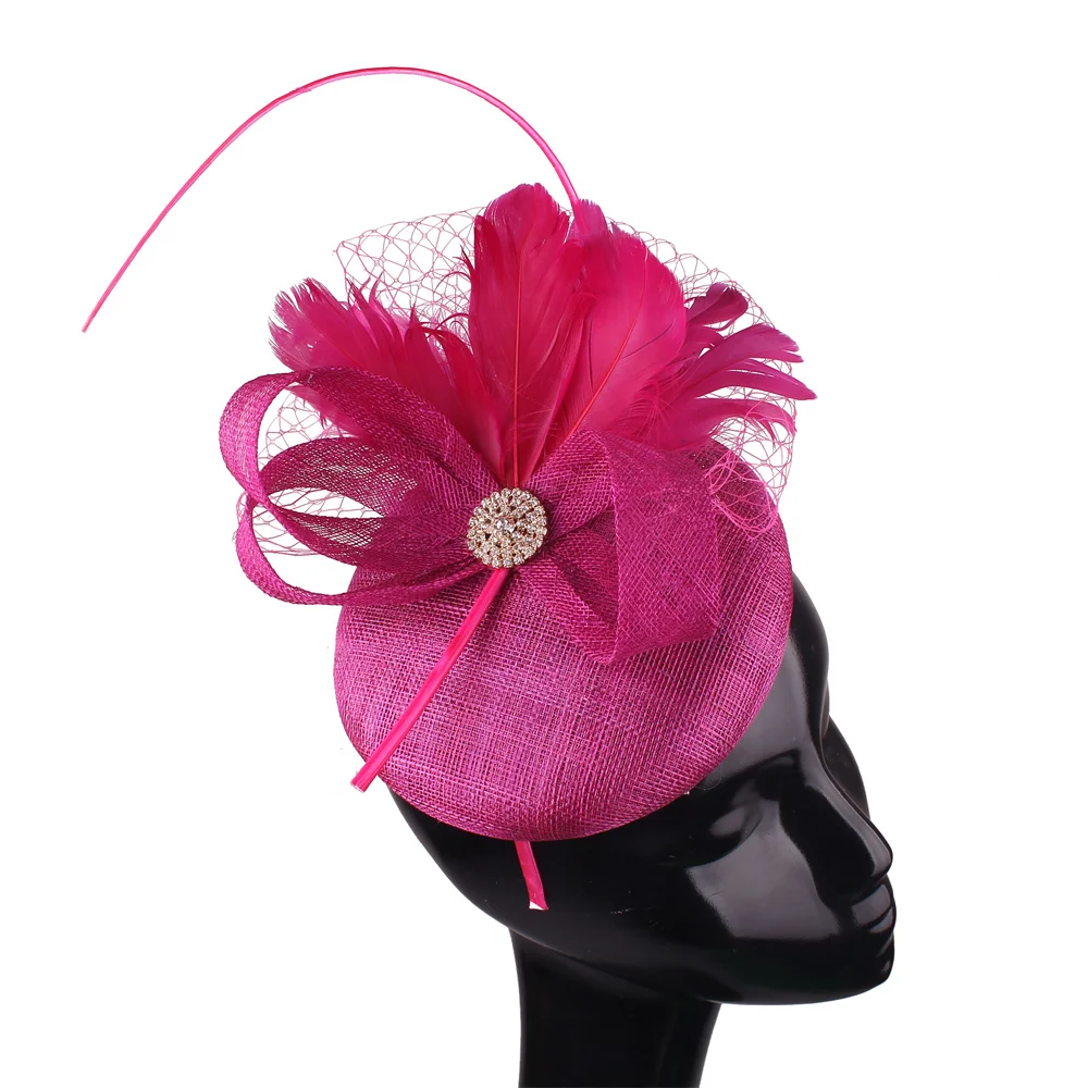 High Quality Elegant Style Woman Fascinator Hat with Feather Flower Veil Rhinestone Bride Dress Church Occasion Hair Dress Hats