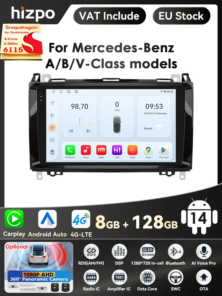 9'' Carplay 4G 2 Din Android Auto Radio Voor Mercedes Benz A B Klasse B200 W169 W245 B200 W906 2500 Sprinter 3500 W639 Vito Viano Vw - afbeelding 2