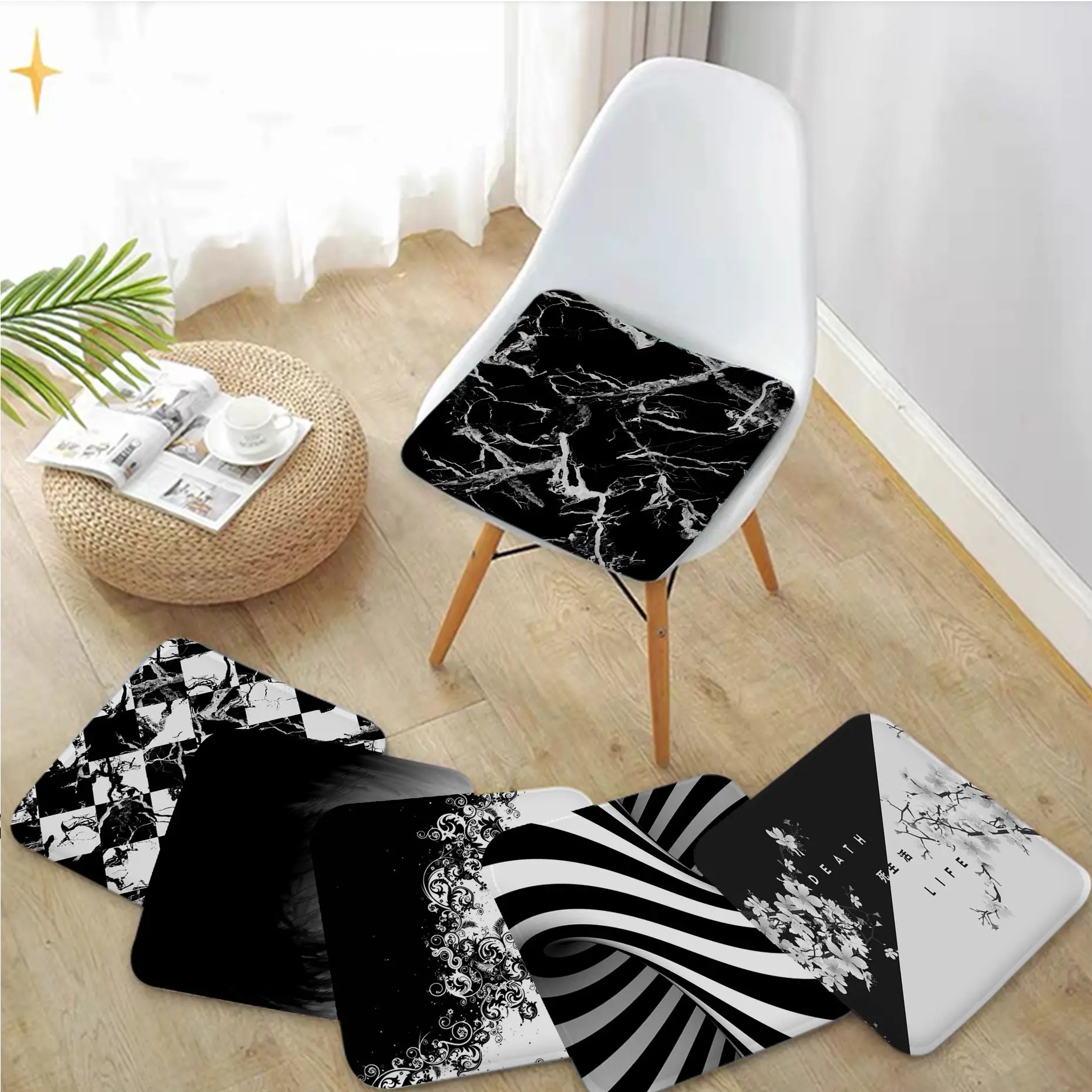 Black White Art Four Seasons Stool Pad Patio Home Kitchen Office Chair Seat Cushion Pads Sofa Seat 40x40cm Stool Seat Mat