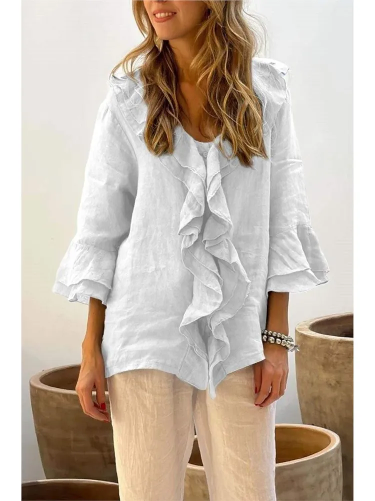 Casual Vintage Solid Ruffle Shirts Top Women Spring Autumn Elegant V Neck Button Office Top 3/4 Flying Sleeve Loose Blouses 2024