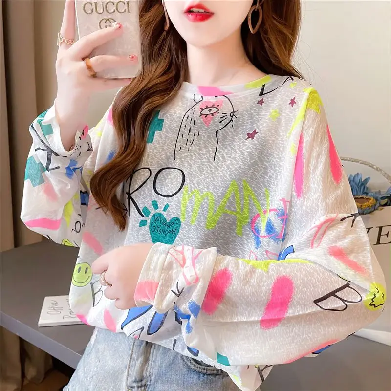 

Korean Loose Spring Summer Thin Long Sleeve Spliced Pullovers Stylish Hand-Painted Printed Streetwear T-shirt Female Clothing