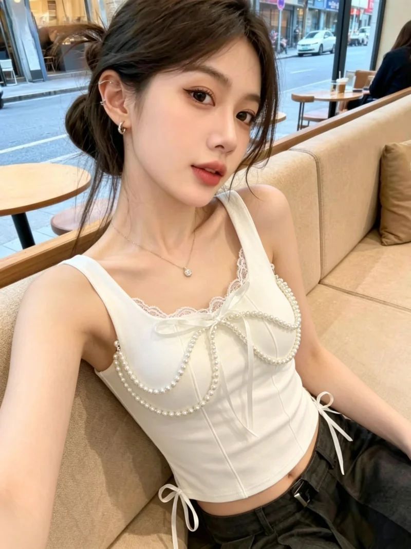 

Pure Desire Style Pearl Lace Trim Halter Vest Women's Summer Short Sleeveless Korean Version Slim Fit Color Top