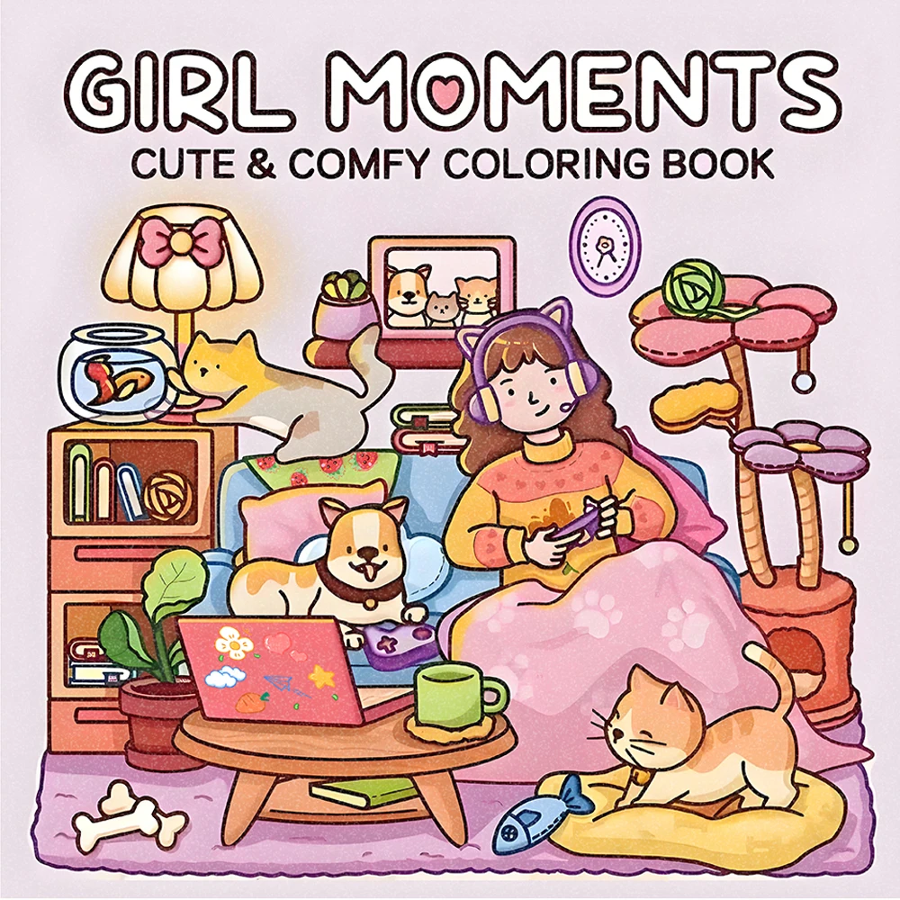 Girl Moments Adult Coloring Book for Adults Cute Cozy Daily Activities Cozy Spaces Design Stress Relief Relax Drawing Gift Book