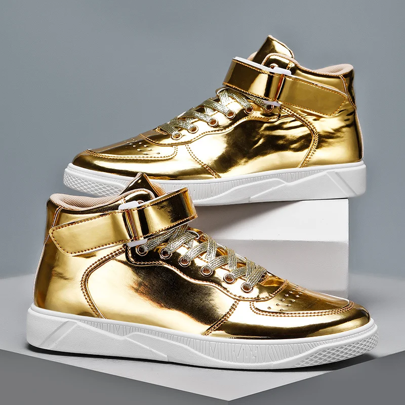 Luxury Gold Men Shoes Street Shiny Mirror Hip Hop Sneakers Men Glitter Designer Shoes Patent Leather High Top Men's Casual Shoes