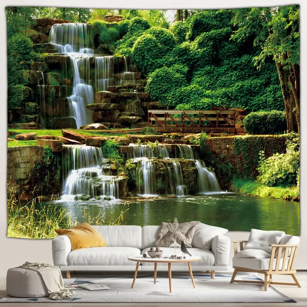 Forest Waterfall Landscape Tapestry Outdoor Garden Poster Tropical Plants Landscape Home Garden Wall Hanging Art Decor Mural