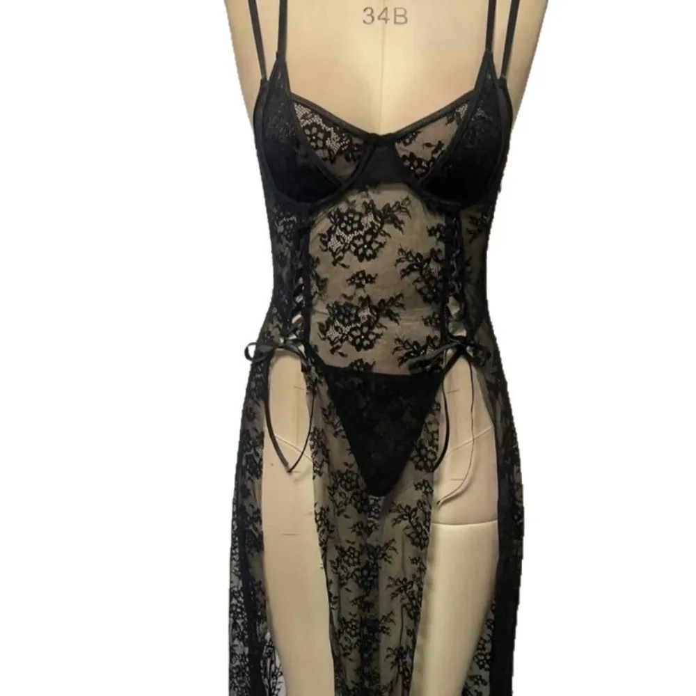 Новинка 2023 года, женское сексуальное тонкое кружевное прозрачное платье с цветочным принтом, тонкое длинное платье с открытой спиной и глубоким V-образным вырезом на подтяжках, очаровательное платье без рукавов