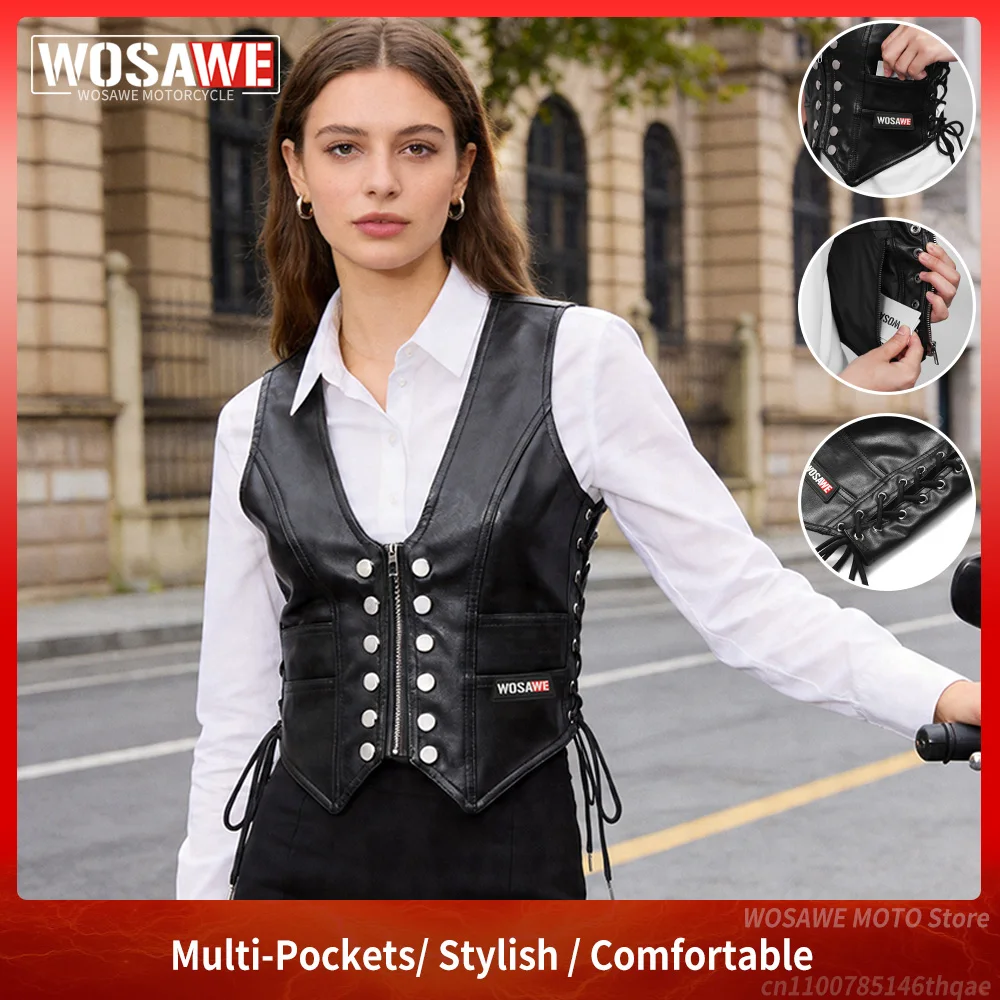 WOSAWE Women Motorcycle Vest Street Leather Outerwear Slim Retro Handsome Moto Waistcoats Motorbike Sleeveless Jacket V Neck