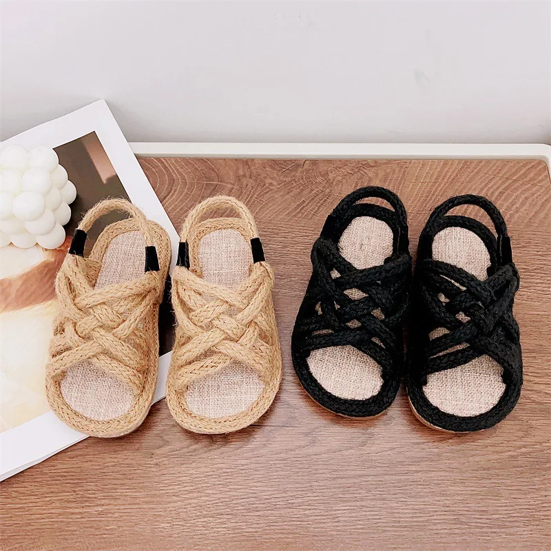 Kids Sandals Gilrs Boys Handmade Weave Open Toe Summer Shoes Trendy Flats Slip On Hemp Rope Anti-Slip Children Slippers