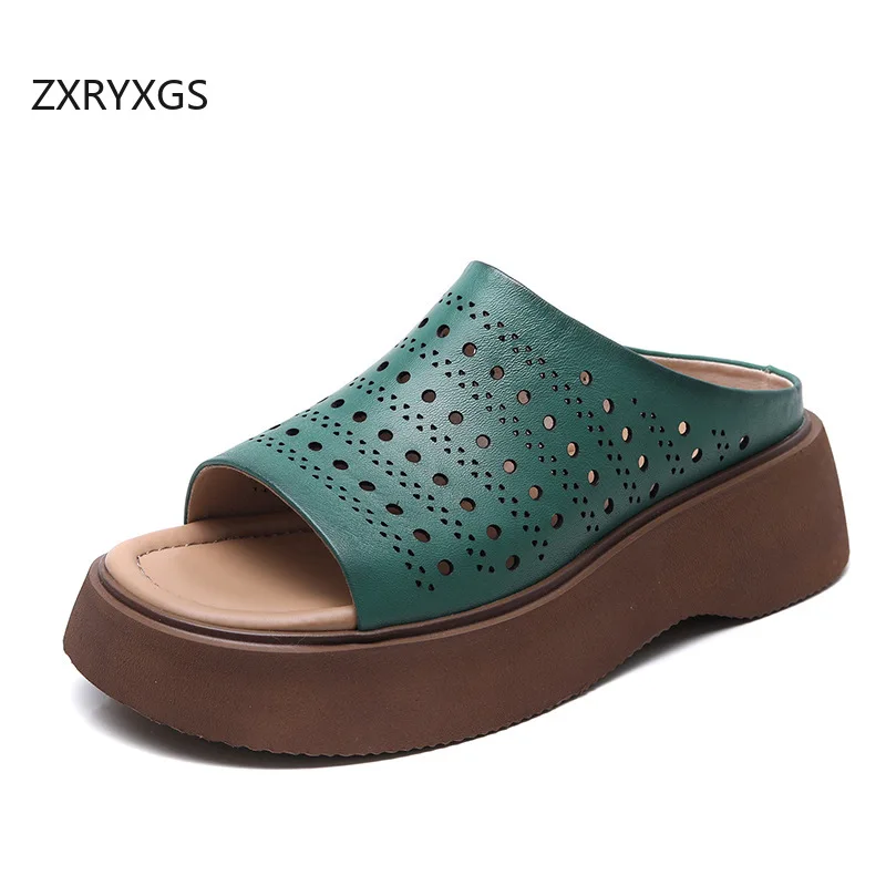 

ZXRYXGS женские кожаные тапочки премиум-класса из воловьей кожи с открытым носком «рыбий рот» на платформе, сандалии-лифты, лето 2021, уличные тапочки