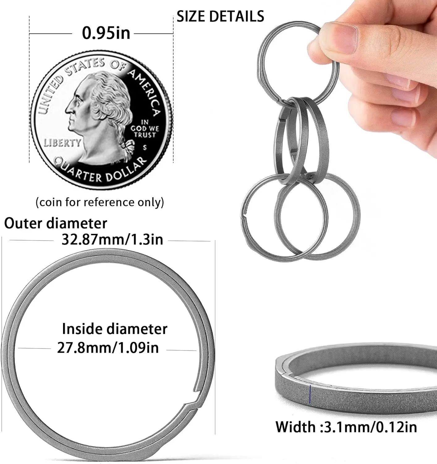 TISUR Titanium Key Rings, grey keyring, Side-Pushing Keyrings, Heavy Duty Split Ring,Large Key Chain Rings for Car Keys, Dog Tag