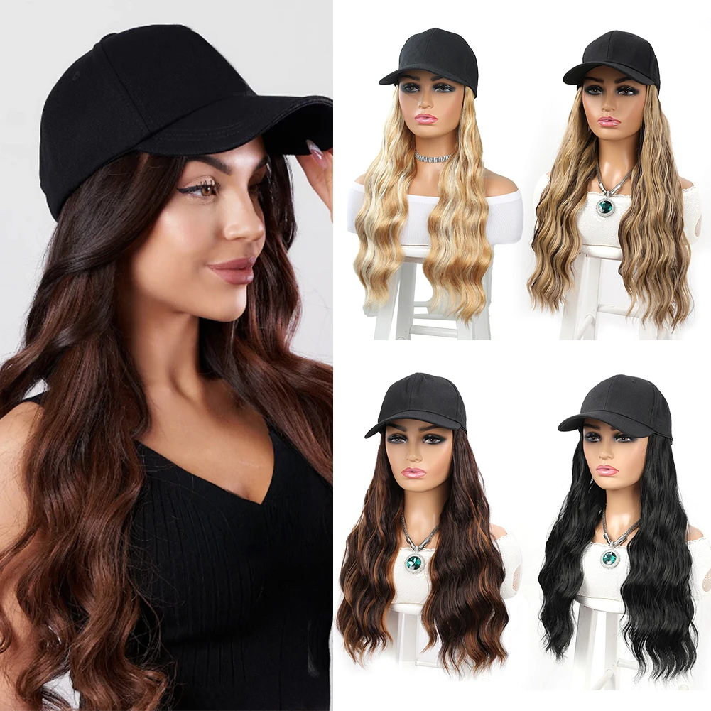 Baseball Cap with Hair Extensions 24 inch Long Wavy Heat Resistant Synthetic Fiber Hairpieces Adjustable Hat Wig for Women