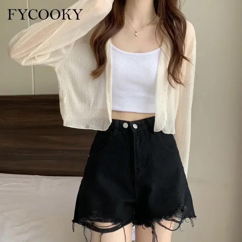 2025 Fairy Style Solid Cardigan Women Summer New Long Sleeve Sunscreen Sweet Beading V-neck Basics Loose Chiffon Cardigan - Image 3