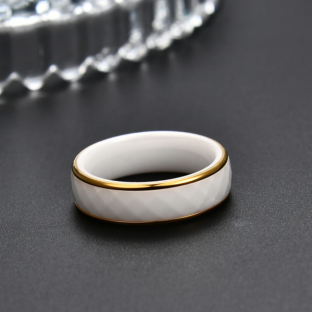 6mm Gold Ceramic Faceted Ring for Women Bands Comfort Fit Engagement Wedding Bands