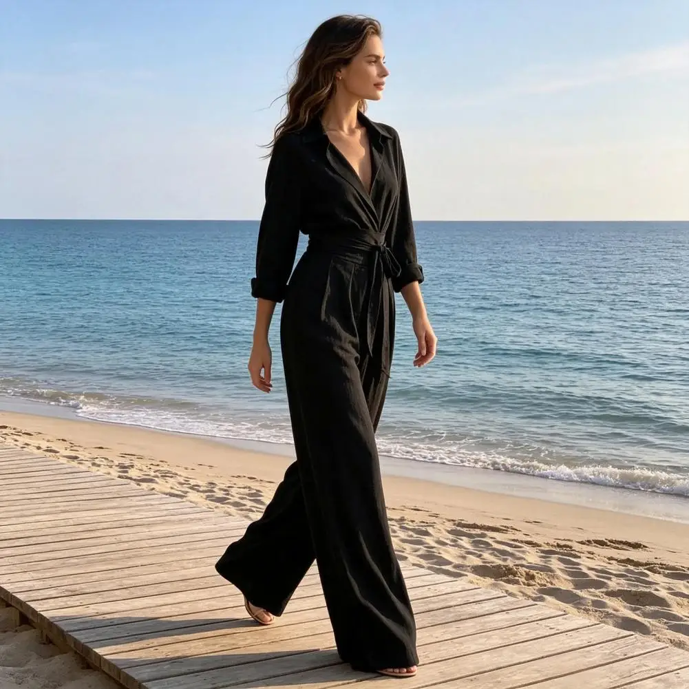 One Piece Romper Women V Neck Jumpsuit with Belt Collared Long Sleeve Romper Solid Color Wide Leg Pants Dressy Fall for Fall