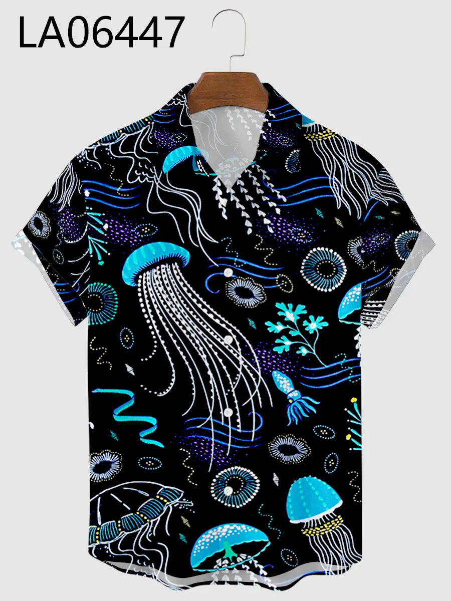 Men's Fashion Summer T-Shirts Hawaiian Jellyfish 3d Print Cozy Casual One Button Shirts Short Sleeve Beach Oversized Shirts