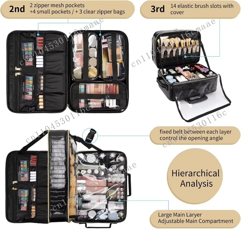 Maleta de Maquillaje con Ruedas Extra Grande de 20 Pulgadas para Estilistas, Cosmetólogos y Artistas, con 7 Bolsas Transparentes para Maquillaje