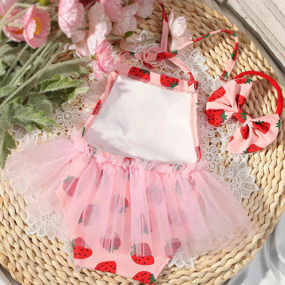 Ylsteed Strawberry Print Baby Girl Photo Shoot Outfits Pink Mesh Romper with Bowknot Headband Newborn Picture Shooting Props