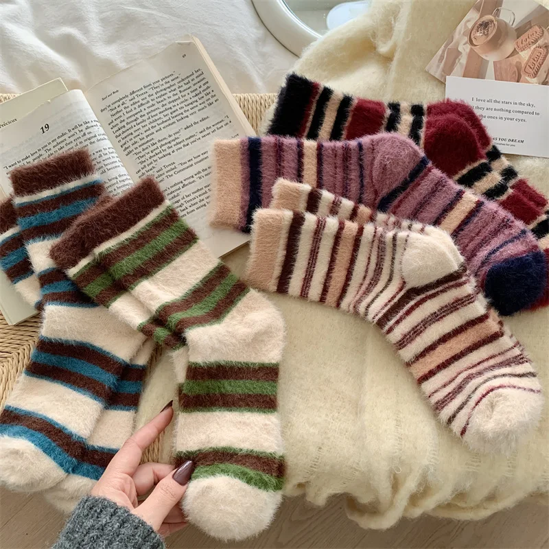 Girls' Autumn Winter Warm Plush Socks Mink Velvet Vintage Candy Color Matching Striped Comfortable Thick Mid-tube INS Sock Kawai