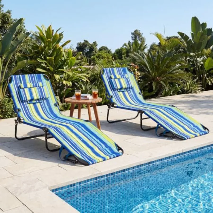 Beach lounge chair for outdoor use, polyester fabric, stripe pattern, supports up to 330 lbs with face hole, washable pillow an