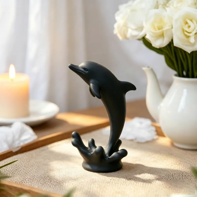 Matte Black White Dolphin Decor Figurine,Cute Wave Base Sea Animal Statue,3D Printed For Photography Prop Tabletop Gift Decor