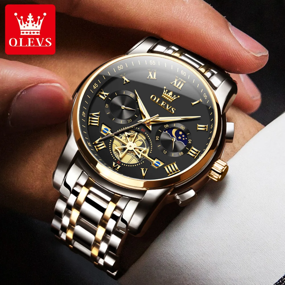 OLEVS Men’s Watch Analog Quartz Movement Business Stainless Steel Waterproof Luminous Chronograph Moon Phase Male Wrist Watches