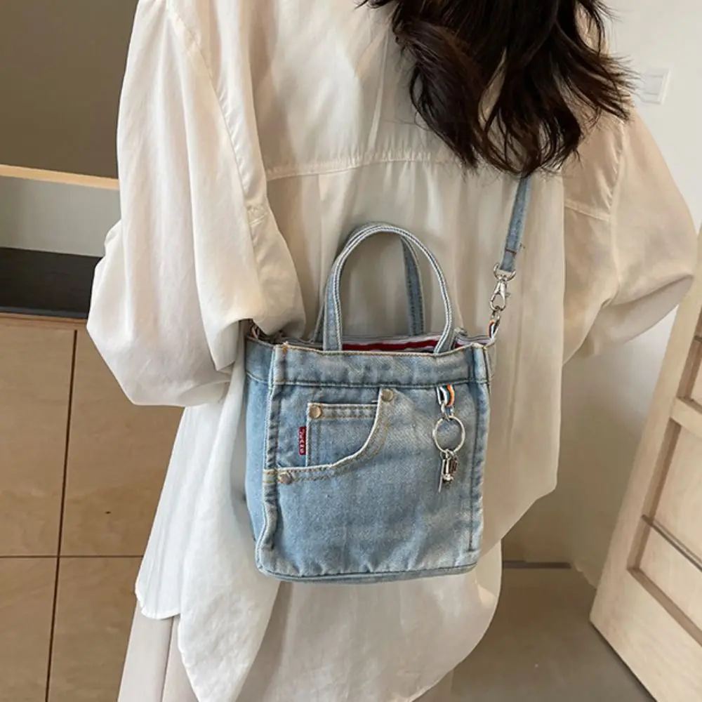 

Trendy Large Capacity Denim Bag Handbag Simple Shoulder Bag Commute Small Square Bag Canvas Tote Bag Girls