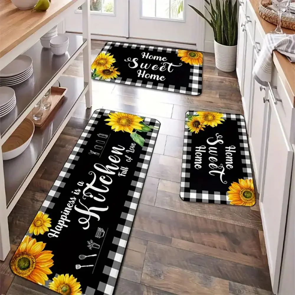 VIKAMA Warm Sunflower Pattern Rug Durable and Wear-resistant Kitchen Set of Two Floor Mats for Bathroom and Home Decor