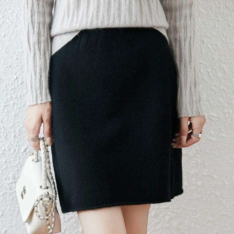 Autumn Winter 100% Pure Wool Women Short Skirt High Waist Straight A-Line Solid Color Elegant Casual Ladies Knitted Half Skirt