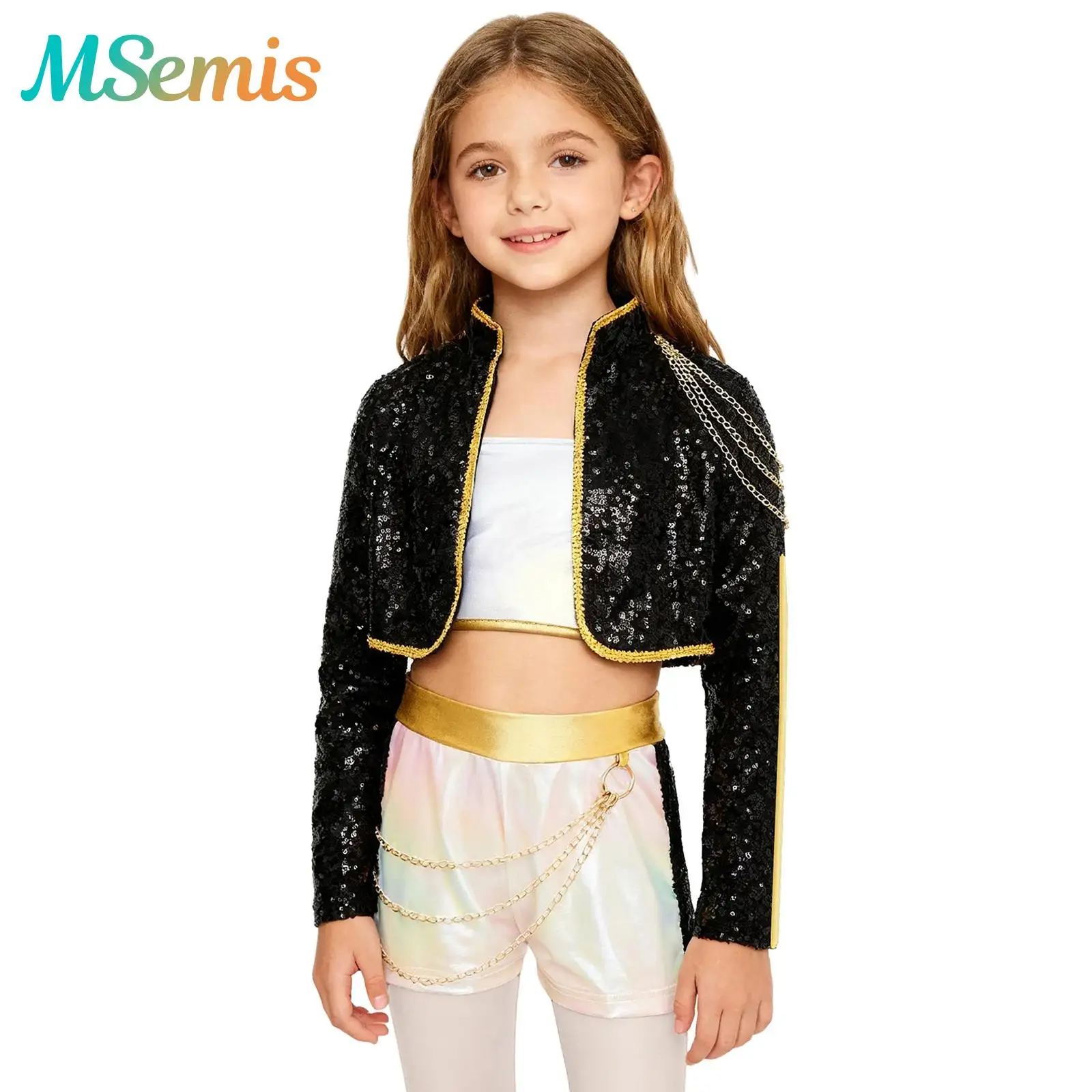 

Kids Girls Demon Cosplay Costume Singer Dance Outfit Iridescent Gloss Crop Top Trim Sequins Outer Wear And Waist Chain Shorts