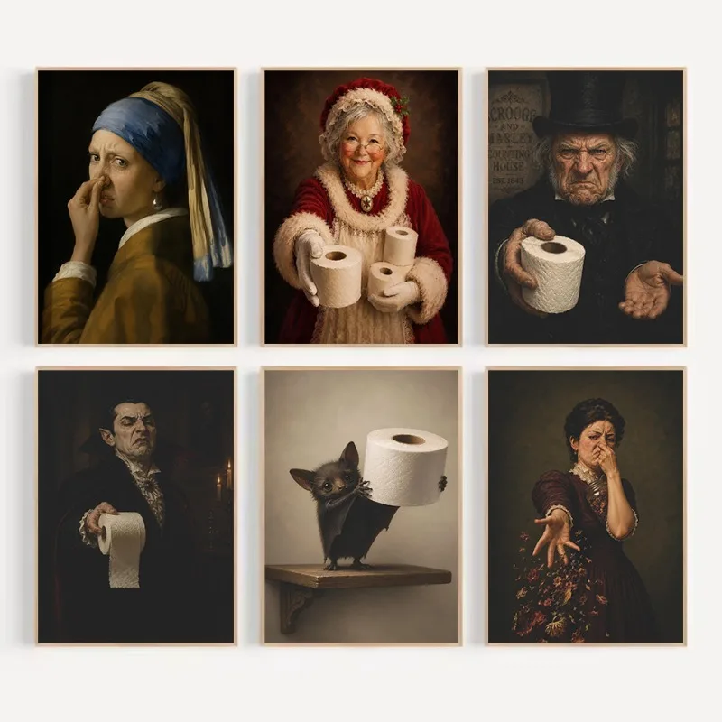 Vintage Humorous Mrs Claus Gothic Vampire Toilet Paper Stinky Smell Poster Canvas Painting Wall Pictures Home Bathroom Decor
