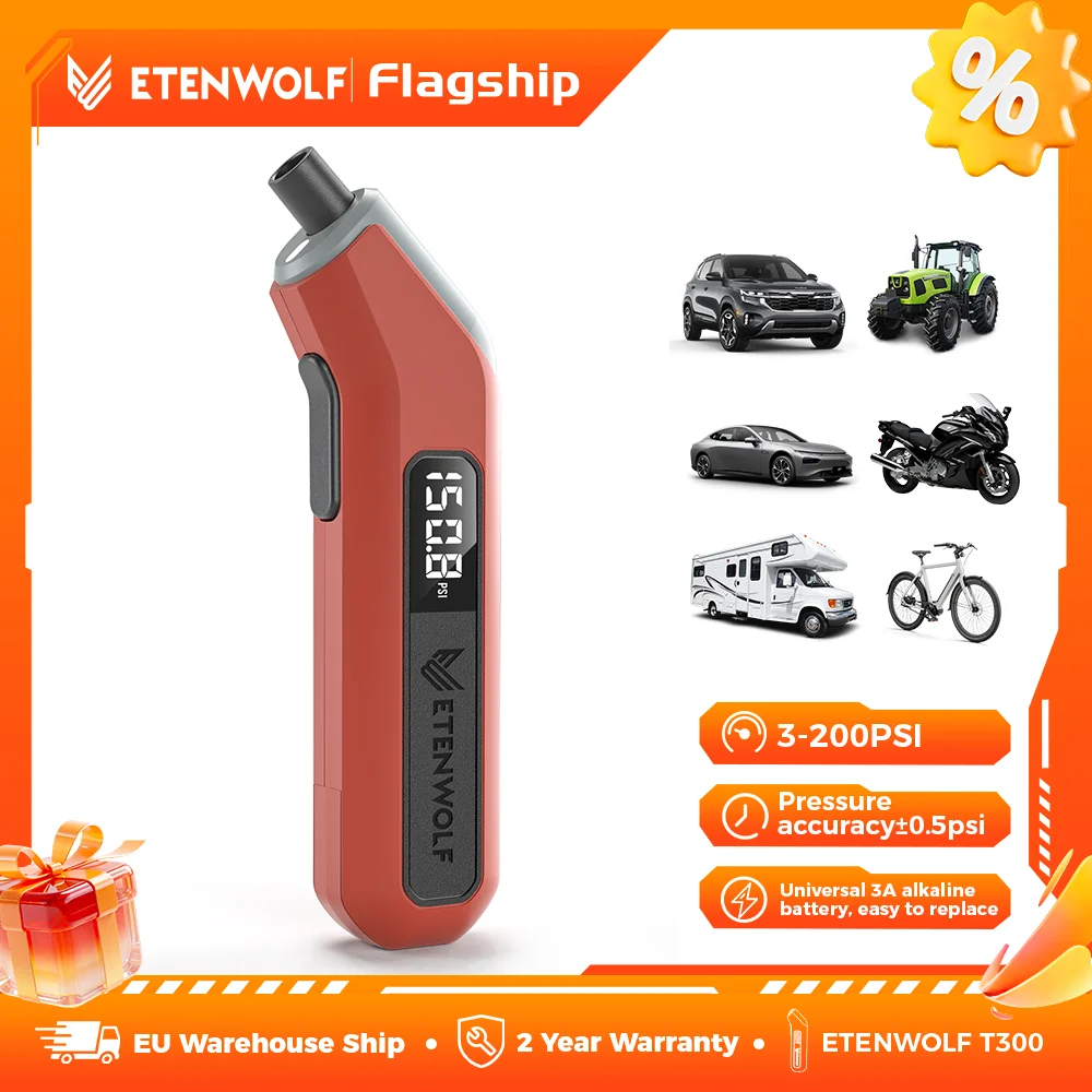 ETENWOLF T300 Elektrischer Reifendruckmesser mit 3A-Batterien, 3-200 PSI, kalibriert nach ANSI B40.7 Klasse 2A, Industrieller Reifendruckmesser mit Licht und bruchsicherem Design