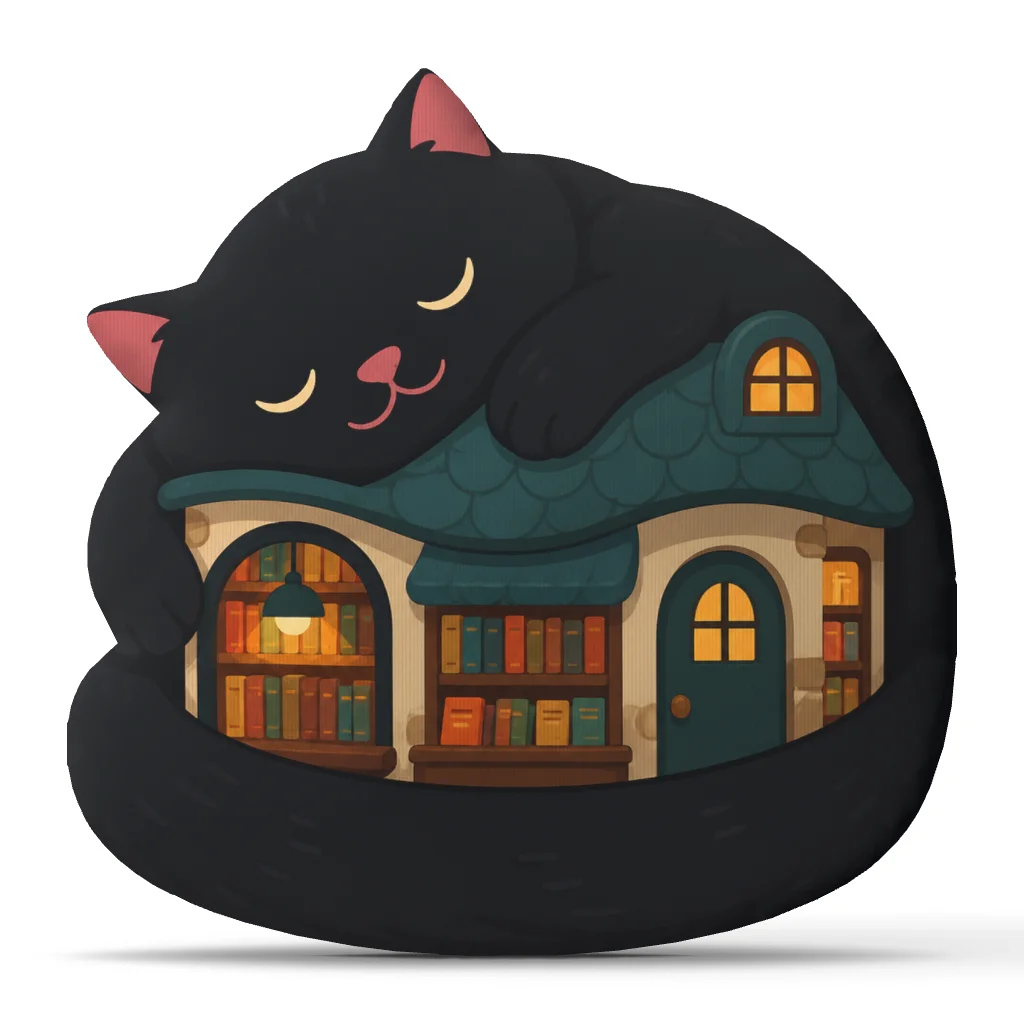 Black Cat Bookshop Pillow Literary Cat Lover Cushion Cozy Reading Nook Plush Stuffed Throw Pillow Home Decor Bookworm Gift