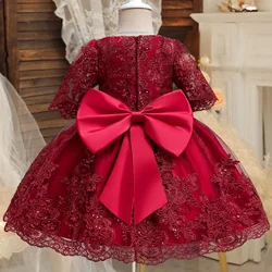 Long Sleeve Bow Red Baby Dresses for Christmas Ball Gown Luxury Embroidery Flower Princess Dress Toddler Kids Birthday Outfits