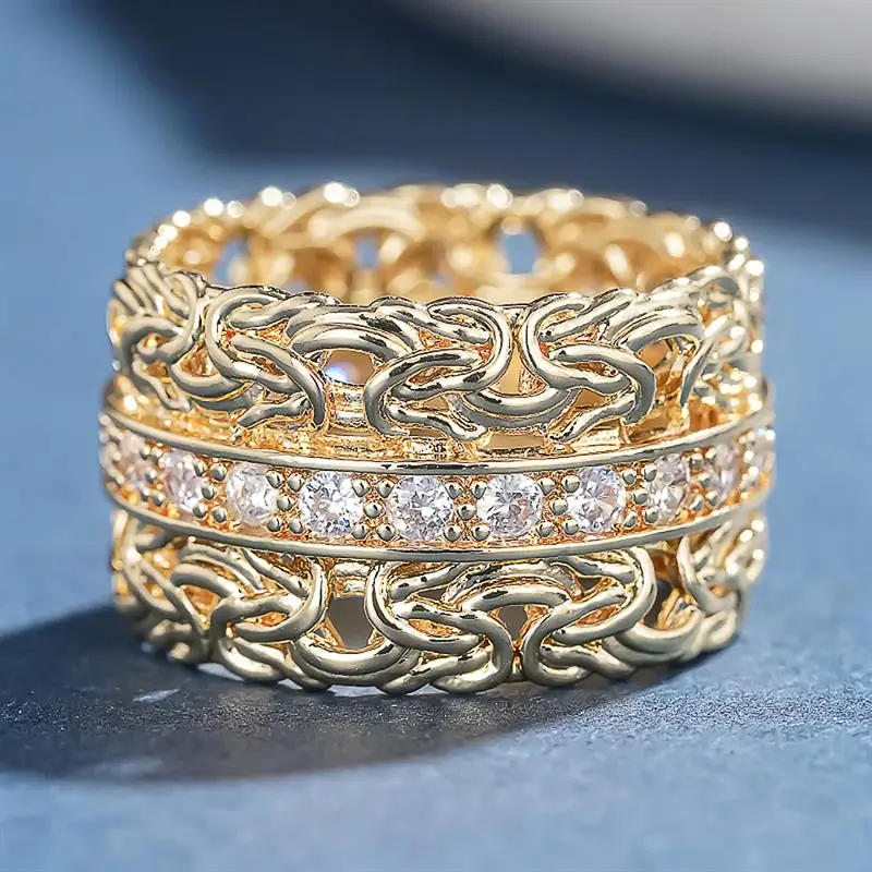 Huitan Damenring mit Kreuz-Design, goldfarben, luxuriös, für Hochzeit, Party, Modeaccessoires, eingelegt mit glänzendem CZ, wunderschöner, exquisiter Schmuck