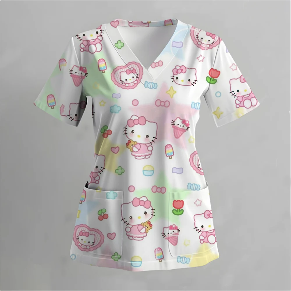 Hello Kitty Print t-shirt Women V-Neck Tops Vet Nurse Uniform Short Sleeve Blouse Pet Groming Veterinaria Working Clothes Top