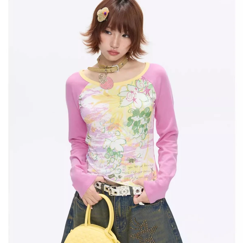 Autumn New Yellow Pink Splicing Round Neck Women's Bottoming Shirt Japanese Design Slimming Versatile Long Sleeve T-Shirt Ladies