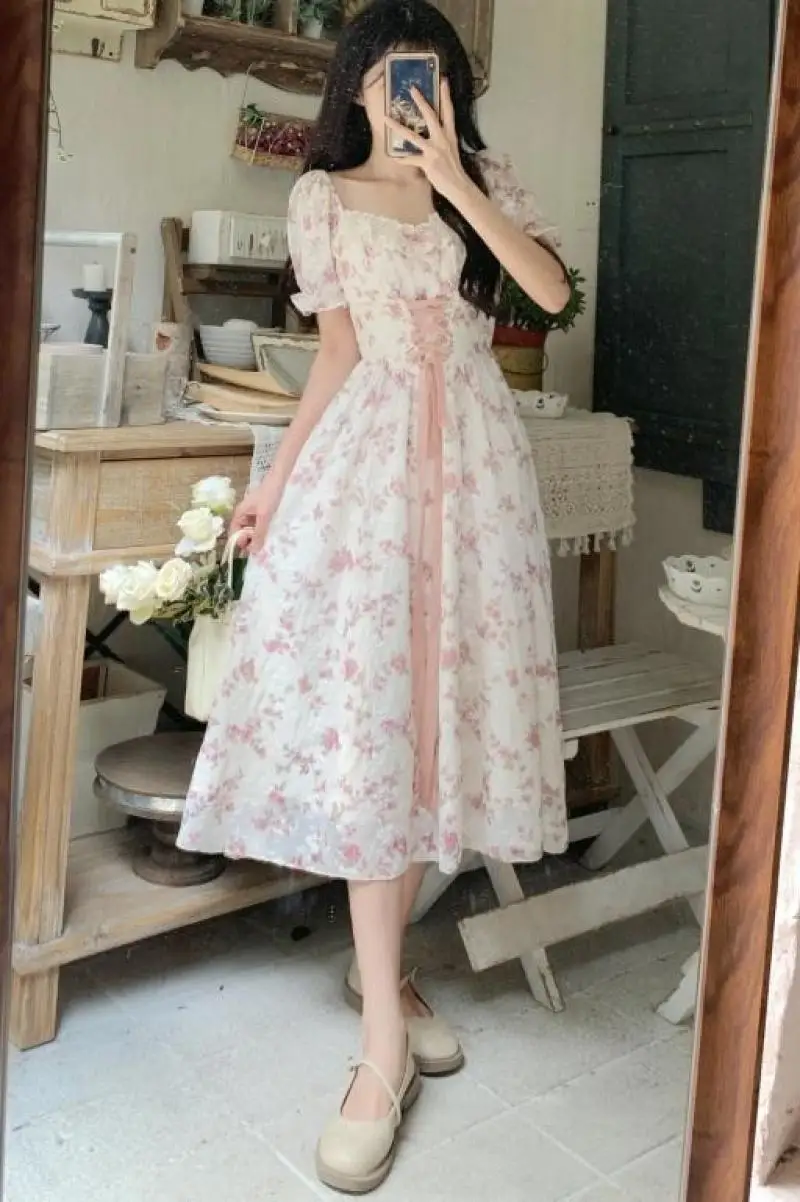 Korean Fashion Summer 2023 Chiffon Lace Fairy Dress Retro Square Neck Crushed Flowers Princess Sleeve High Waist Sweet Dress