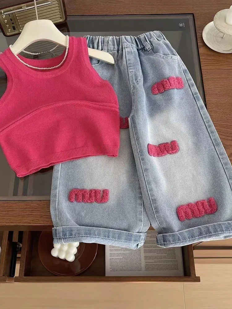 Girls Summer Set Knitted Suspender Vest Jeans Two-piece Set For Children\'s Summer Girl Clothes Clothing Set 2024 Kids Clothes