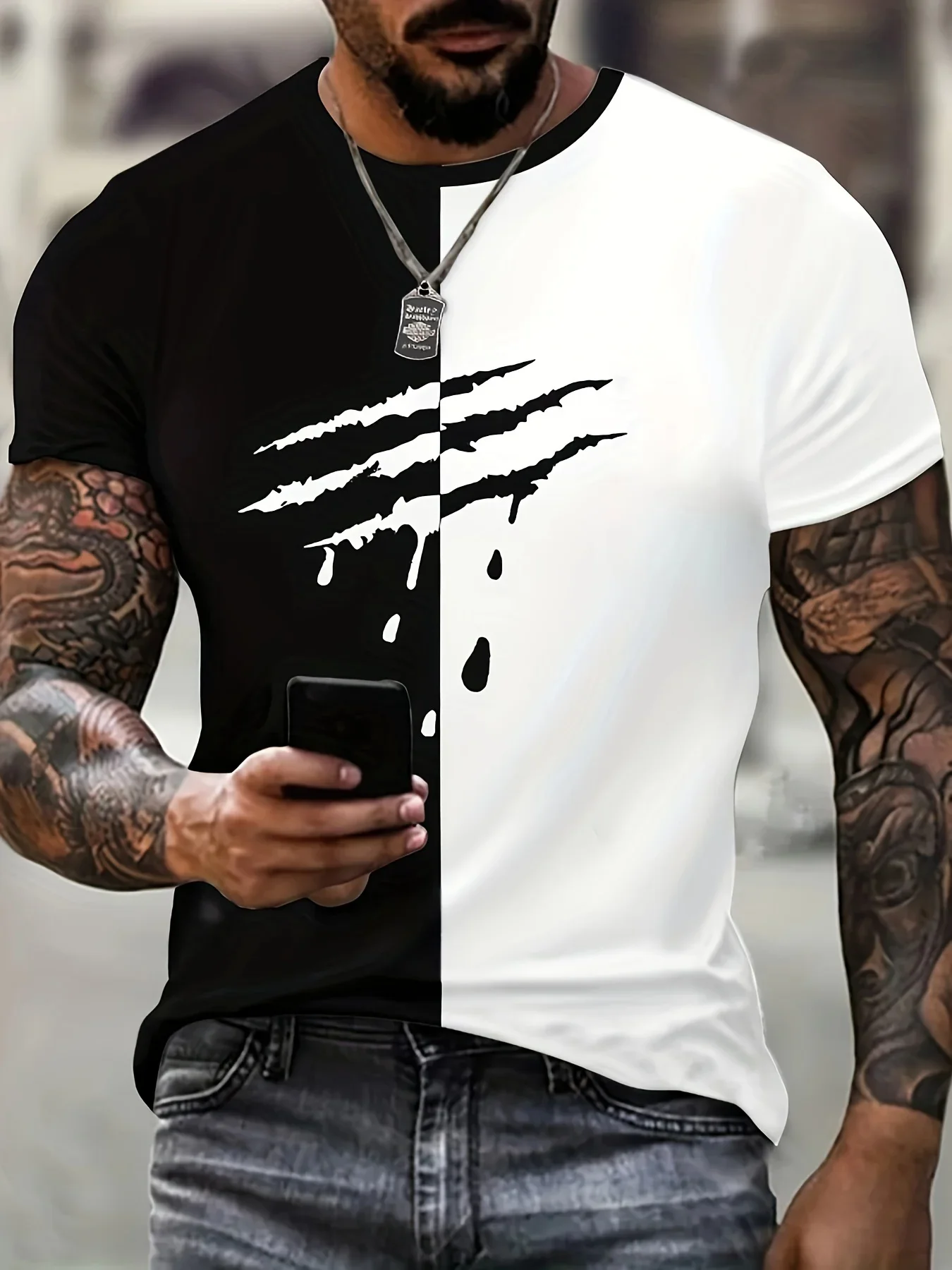 Summer Fashion T-shirt Men's Color Block Pattern T-shirt Scratch Print Short Sleeve Loose O-Neck T-shirt Plus Size Loose Top