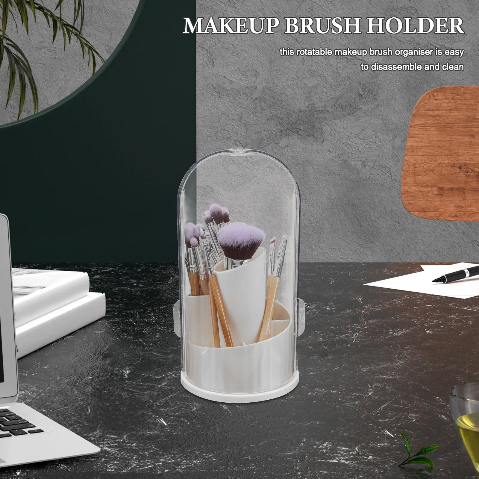 Makeup Brush Holder Organizer Rotating Dust Proof Covered Storage Brush Case Spinning Bathroom Vanity Desktop