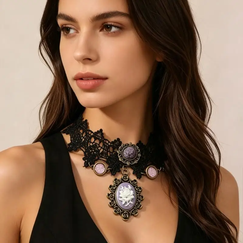 Neue Sexy Gothic Choker Kristall Schwarze Spitze Halskette Vintage Damen Choker Steampunk Schmuck – Detail 5