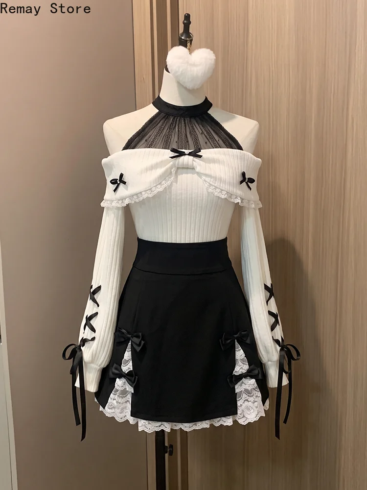 Korean Fashion Y2k Slim Fit Women 2 Piece Set Lace Off Shoulder Sweater + Bow Mini Skirt Harajuku Gothic Lolita Dark Outfits New