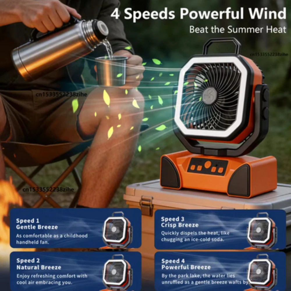 Camping Fan 20000mAh Battery Powered Fan Rechargeable with LED Light Portable Outdoor Tent Fan with Hanging Hook 4 Speeds Wind