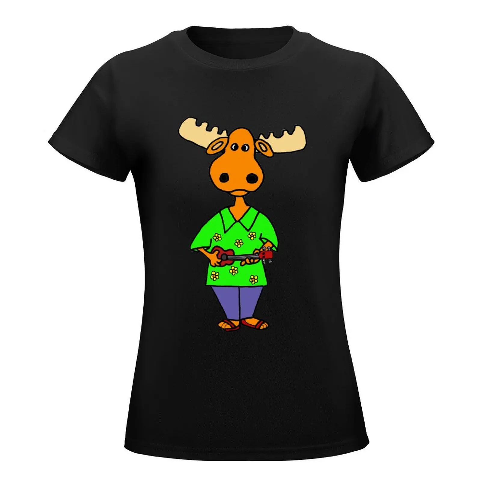 Funny Moose Playing Ukulele Music T-Shirt summer top lady clothes customizeds animal print t-shirts for Women loose fit