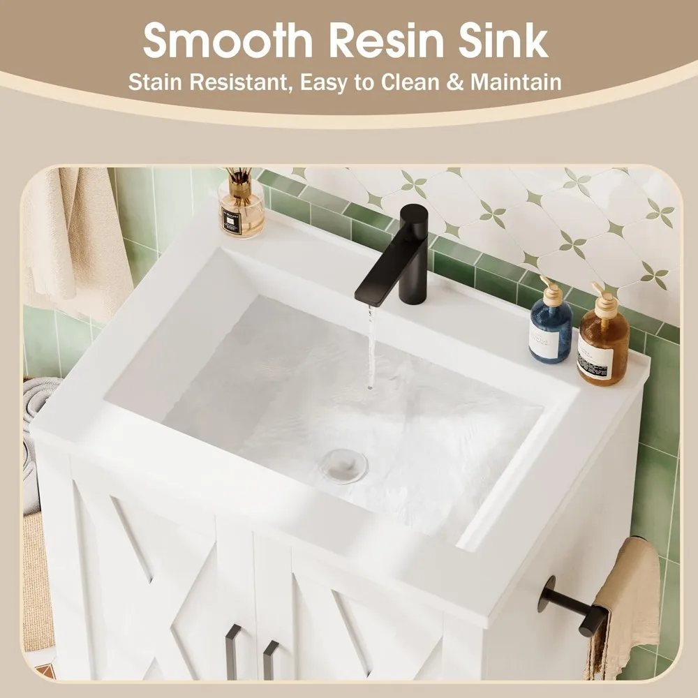 Mueble de baño estilo granja de 24" con lavabo, mueble de almacenamiento con 2 puertas y 1 cajón